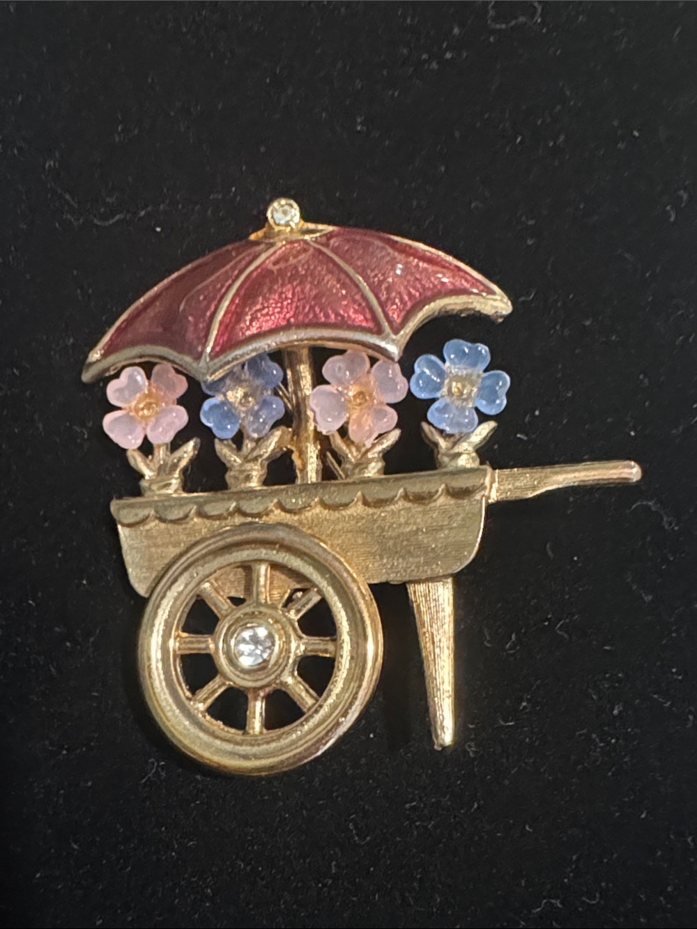 Vintage Flower Cart Brooch with Pink Umbrella and Pastel Flowers